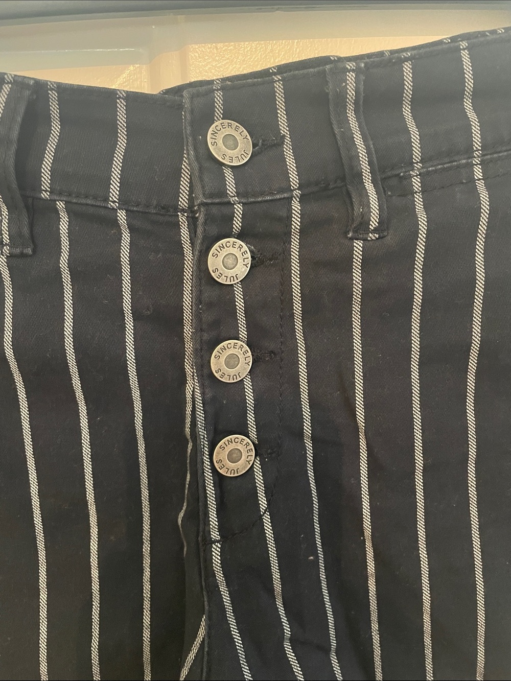 Sincerly Jules Black Pinstripe High-Rise Button Shorts - Picture 2 of 5